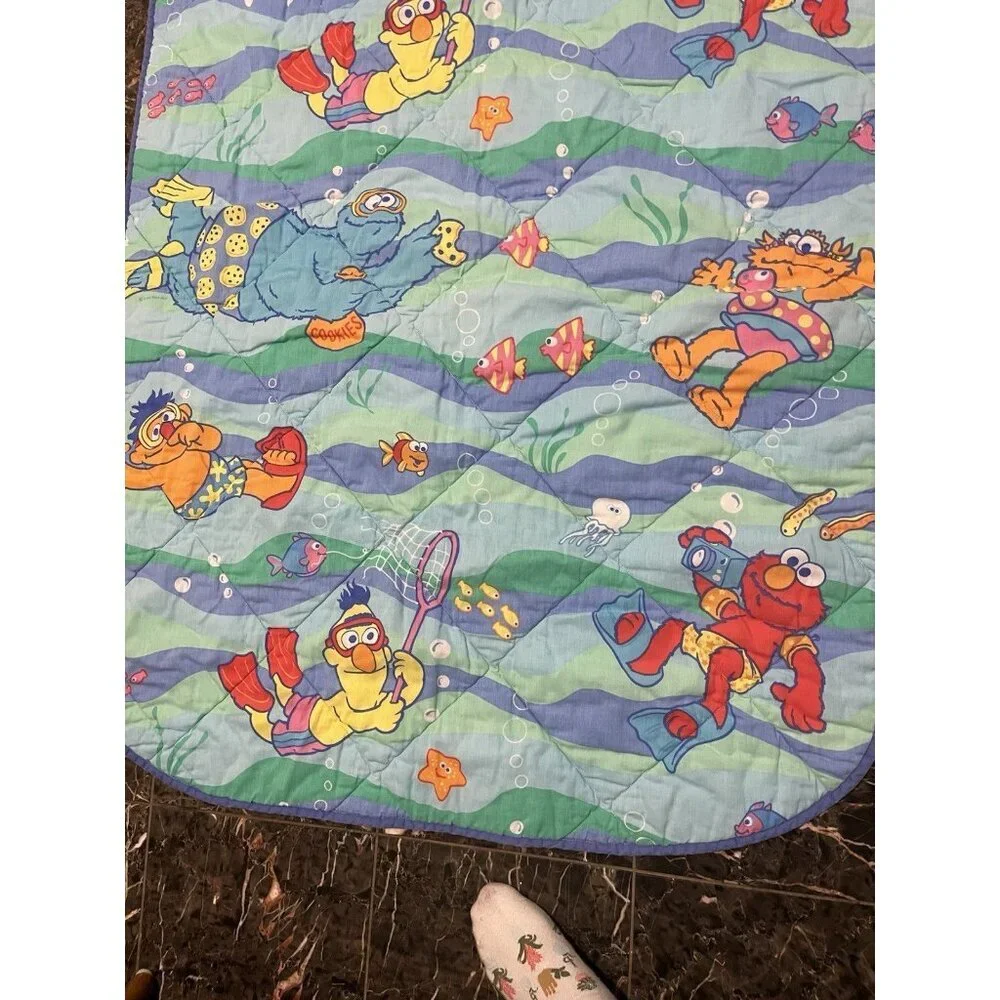 Vintage Sesame Street Quilt Baby Blanket Crib Bedding Elmo Bert Ernie Swimming